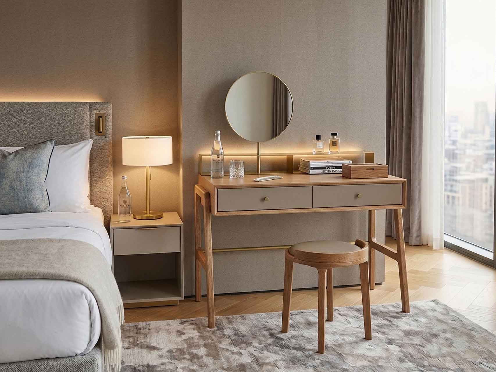 Hotel Vanity Desk with Mirror & Stool Set